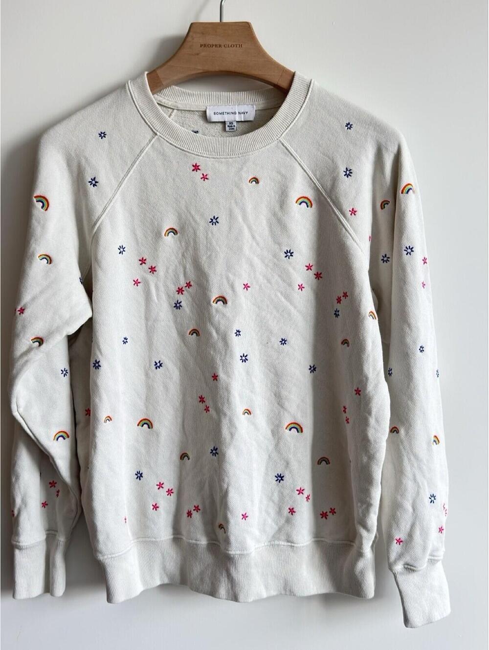 Something Navy Rainbow Embroidered Crewneck Cotton Sweatshirt XS
